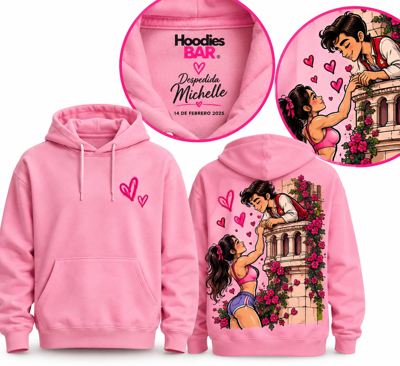 Hoodie rosa personalizado para despedida de soltera, frente, espalda y etiqueta con nombre y fecha