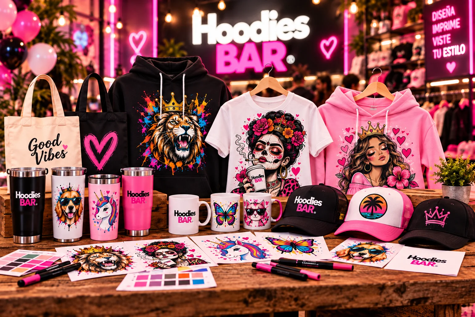 Hoodies, playeras, termos, gorras y bolsas personalizadas en la mesa de Hoodies BAR